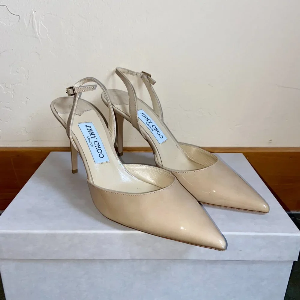 Jimmy Choo Women's Nude Tilly Patent Leather Sling-Back Pumps | Size 39.5 (US 9) - Picture 3 of 9